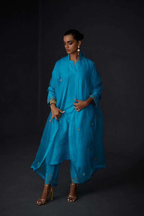 EMBROIDERED TUNIC TROUSER SET- TURQUOISE BLUE