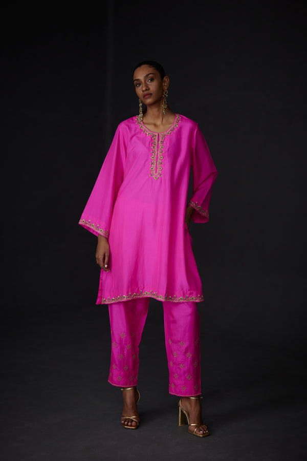 EMBROIDERED TUNIC TROUSER SET- HOT PINK