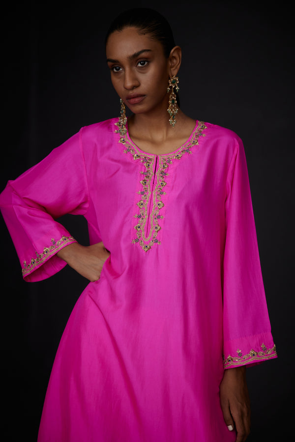EMBROIDERED TUNIC TROUSER SET- HOT PINK