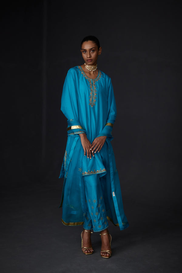 EMBROIDERED TUNIC TROUSER SET- TURQUOISE BLUE