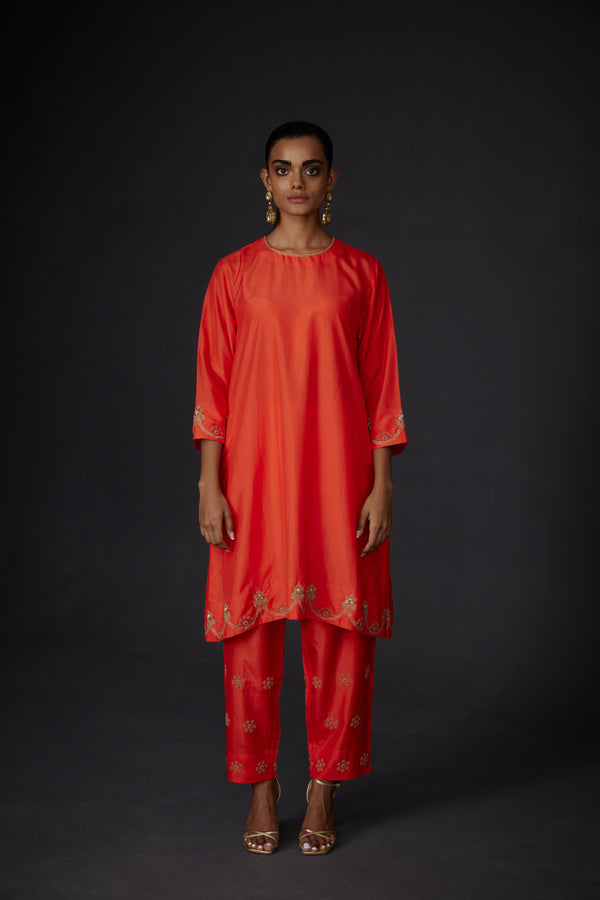 EMBROIDERED TUNIC TROUSER SET- SCARLET RED