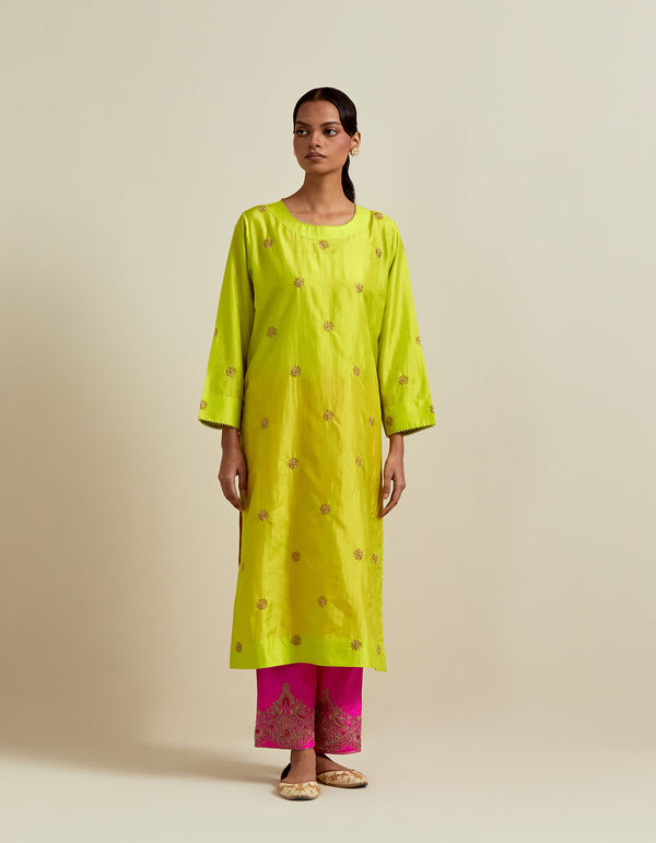 EMBROIDERED TUNIC TROUSER SET- LIME/HOT PINK