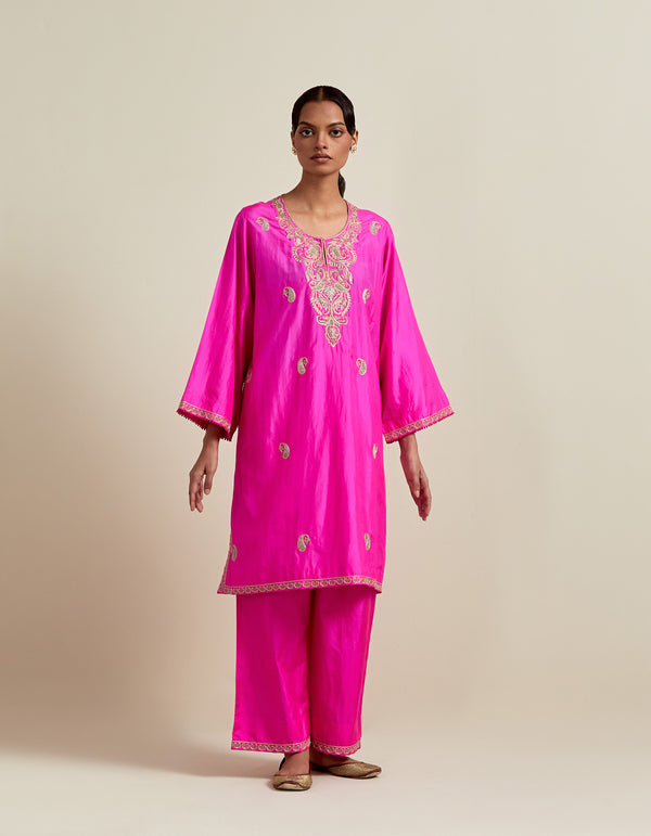 EMBROIDERED TUNIC TROUSER SET- HOT PINK