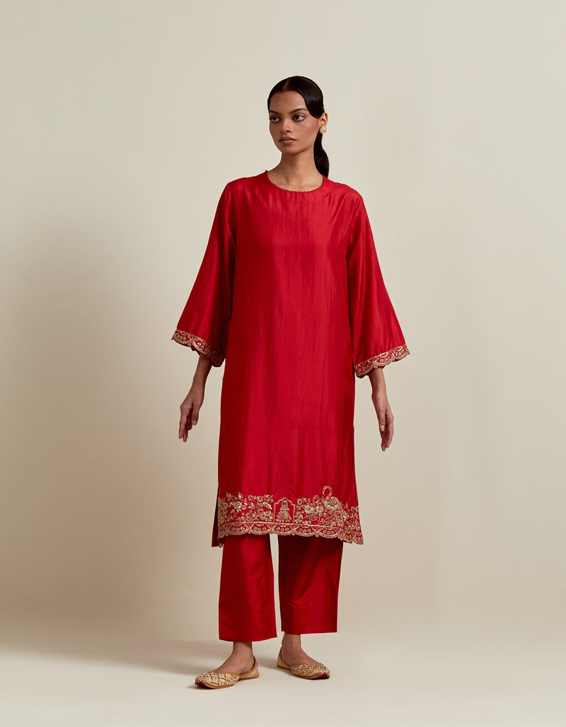 EMBROIDERED TUNIC TROUSER SET- VERMILION