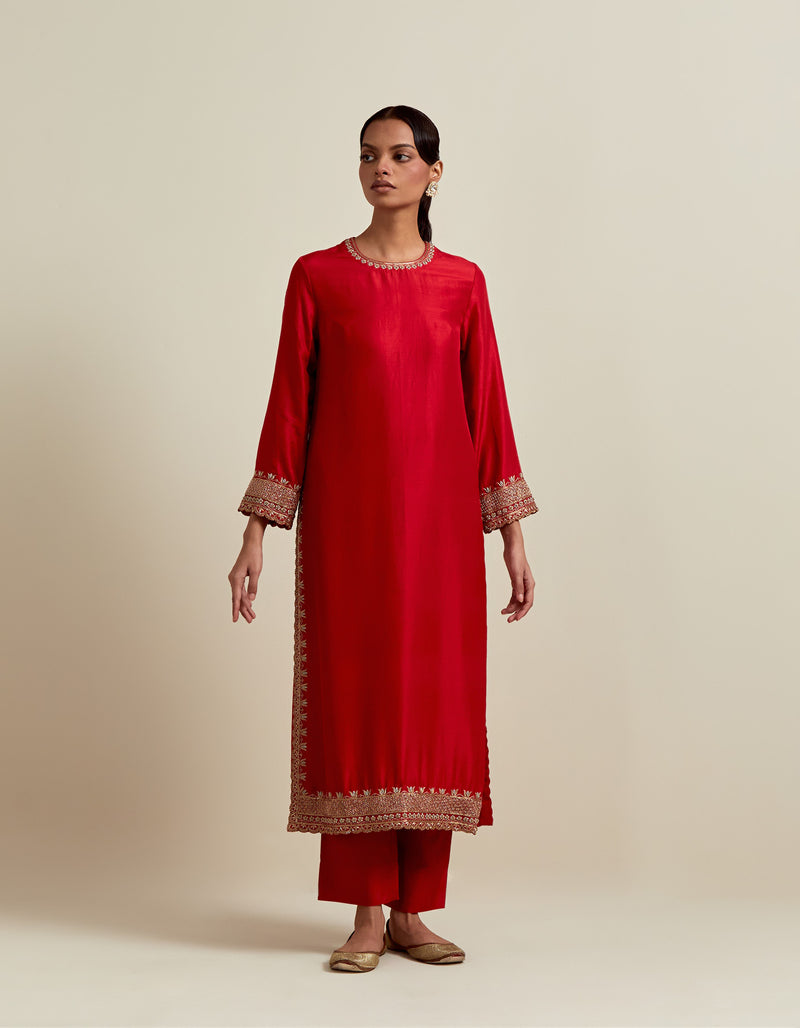 EMBROIDERED TUNIC TROUSER SET- VERMILION