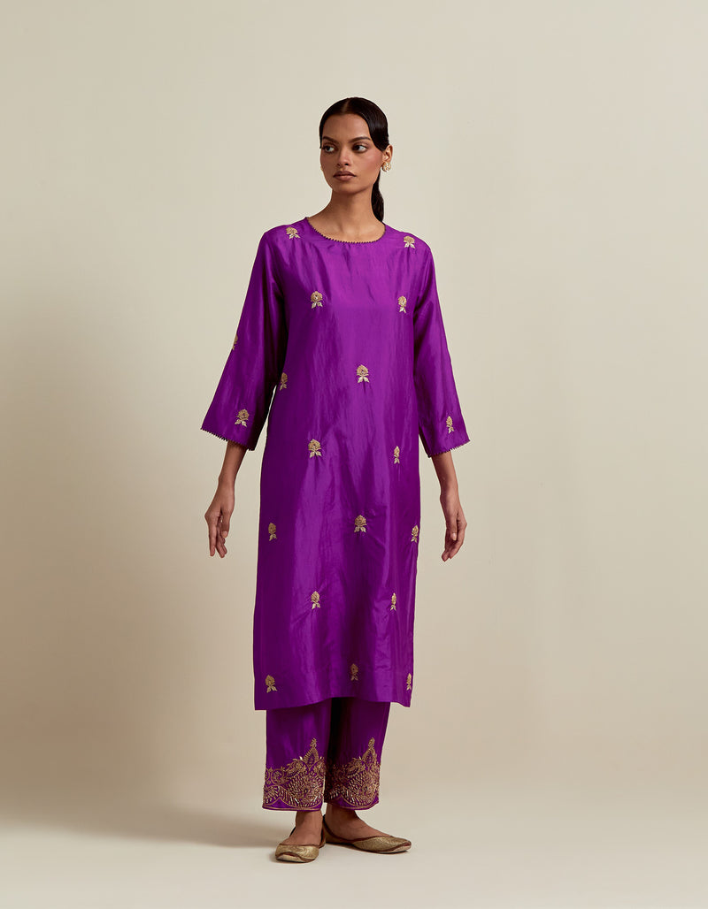 EMBROIDERED TUNIC TROUSER SET- PURPLE