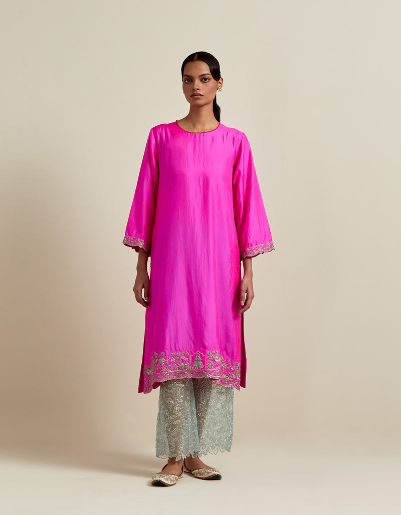 EMBROIDERED TUNIC TROUSER SET- HOT PINK/AQUA