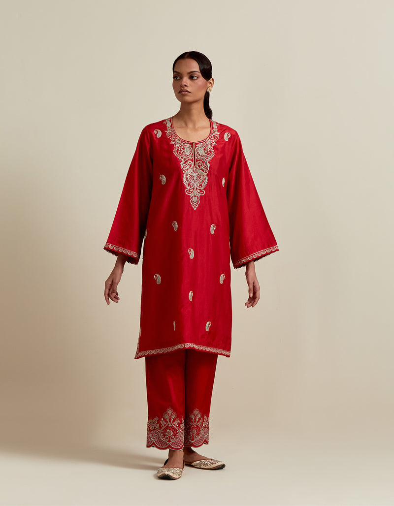 EMBROIDERED TUNIC TROUSER SET- VERMILION