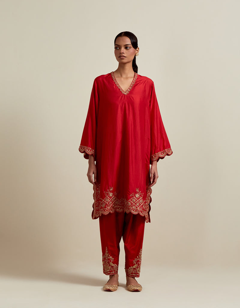 EMBROIDERED TUNIC TROUSER SET- VERMILION