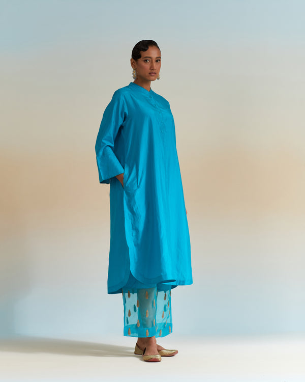 EMBROIDERED TUNIC TROUSER SET- TURQUOISE BLUE