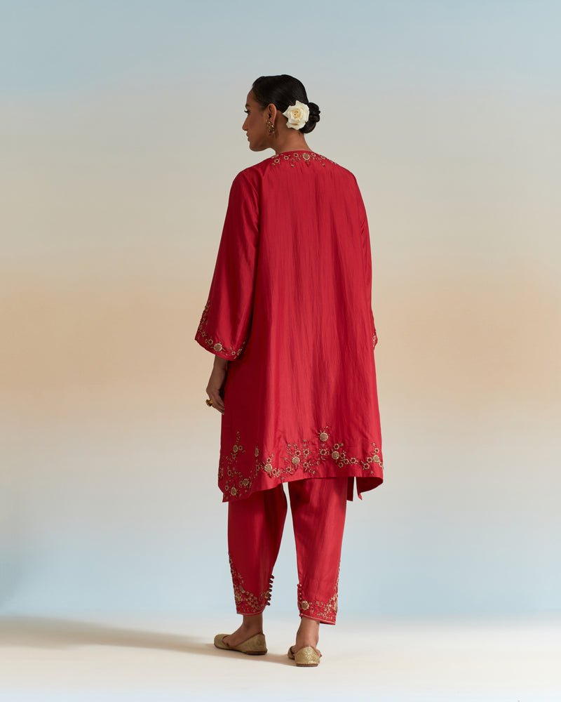 EMBROIDERED TUNIC TROUSER SET- SCARLET RED