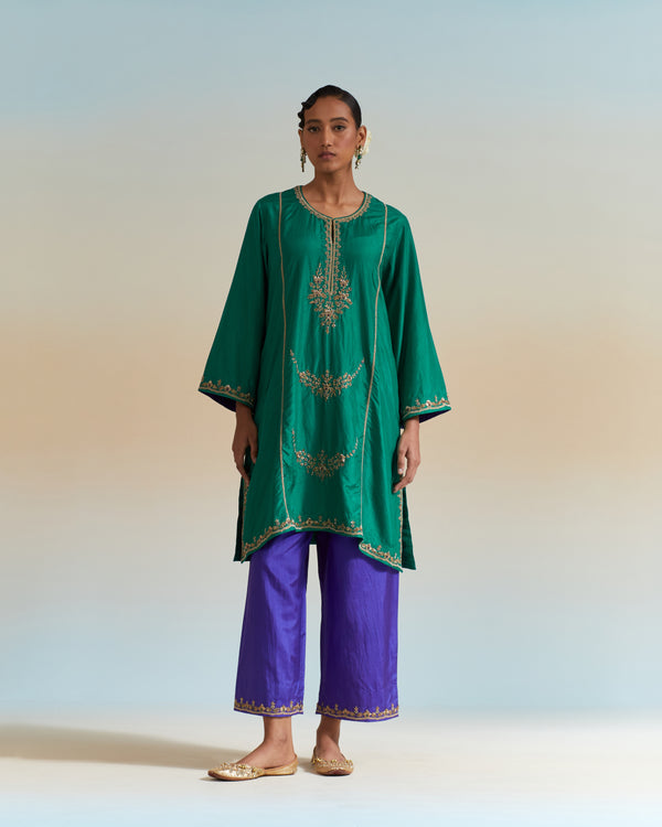 EMBROIDERED TUNIC TROUSER SET- EVER GREEN/ PERSIAN BLUE