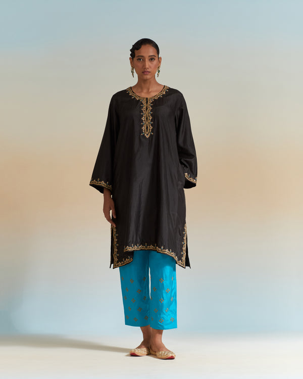 EMBROIDERED TUNIC TROUSER SET- BALCK/ TURQUOISE