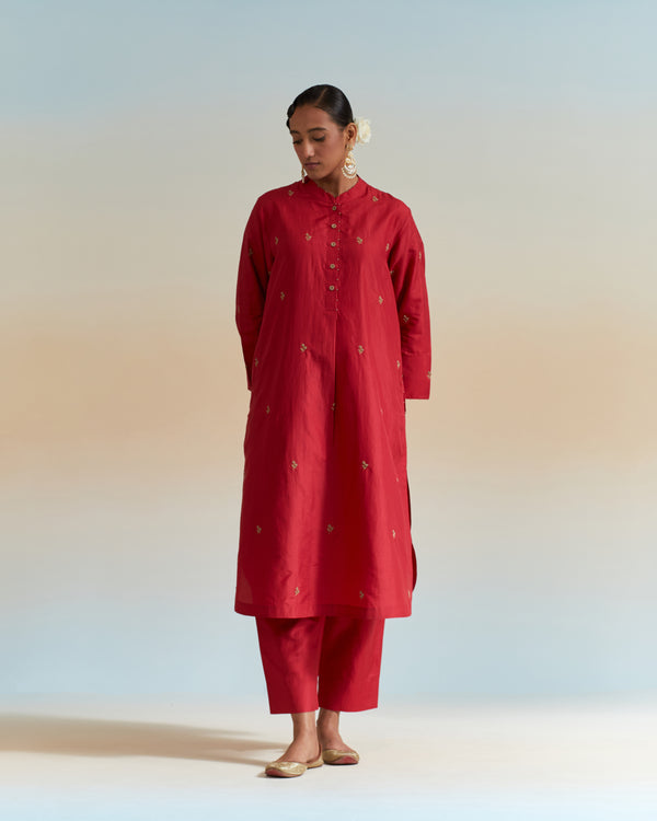 EMBROIDERED TUNIC TROUSER SET- DEEP RED