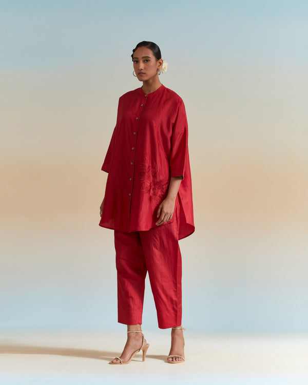 EMBROIDERED TUNIC TROUSER SET- DEEP RED