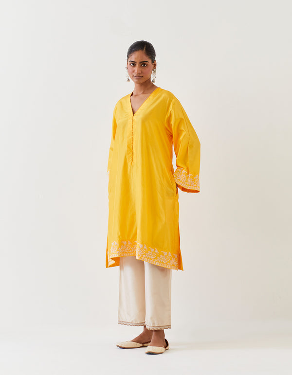 EMBROIDERED TUNIC TROUSER SET- MANGO YELLOW/CHAMPAGNE