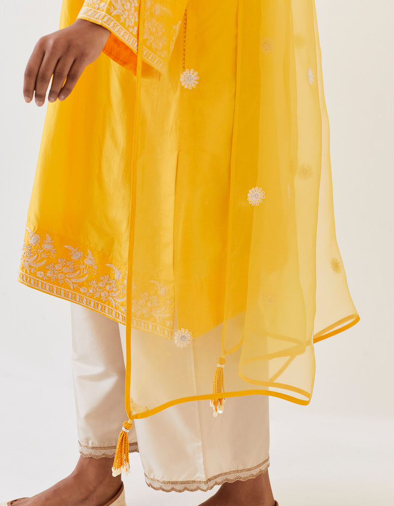 EMBROIDERED TUNIC TROUSER SET- MANGO YELLOW/CHAMPAGNE