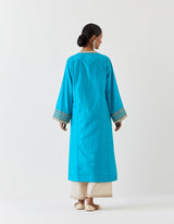 EMBROIDERED TUNIC TROUSER SET- TURQUOISE BLUE/CHAMPAGNE