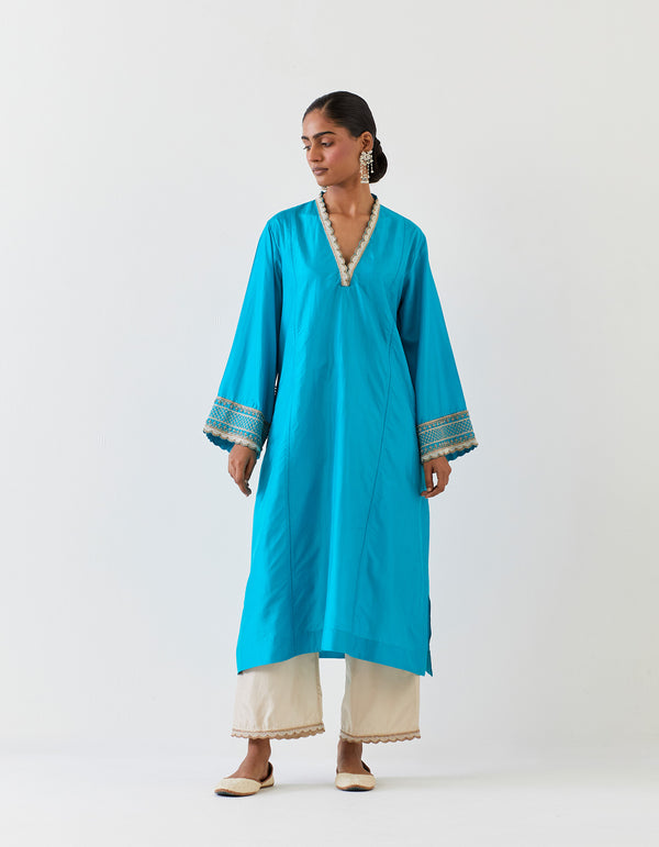 EMBROIDERED TUNIC TROUSER SET- TURQUOISE BLUE/CHAMPAGNE