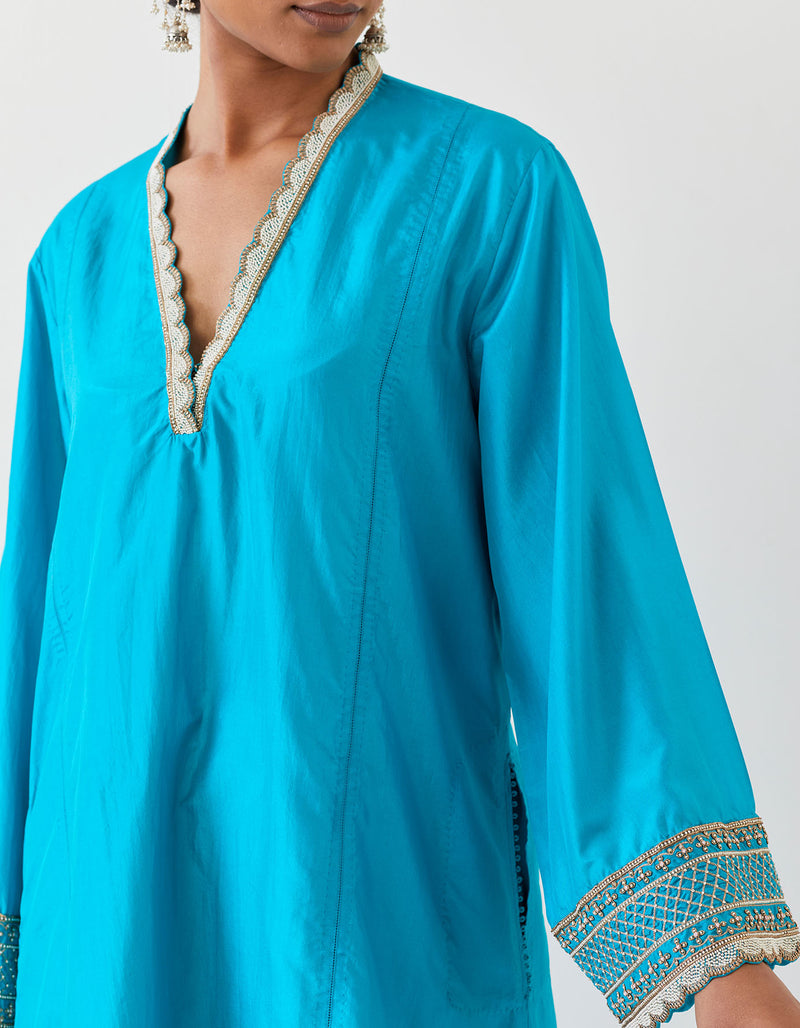 EMBROIDERED TUNIC TROUSER SET- TURQUOISE BLUE/CHAMPAGNE