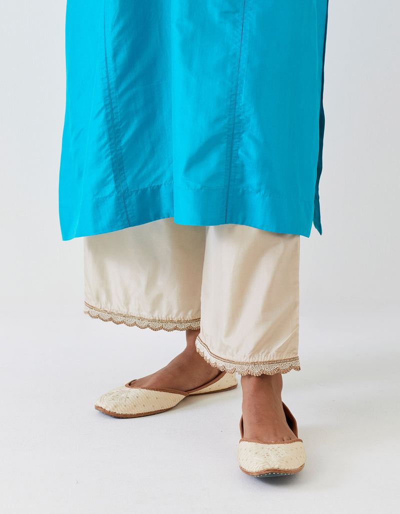 EMBROIDERED TUNIC TROUSER SET- TURQUOISE BLUE/CHAMPAGNE