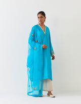 EMBROIDERED TUNIC TROUSER SET- TURQUOISE BLUE/CHAMPAGNE