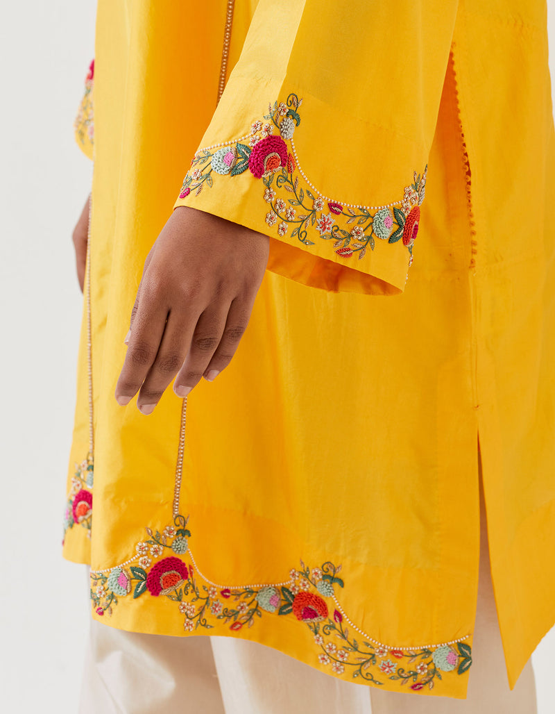 EMBROIDERED TUNIC TROUSER SET- MANGO YELLOW/CHAMPAGNE