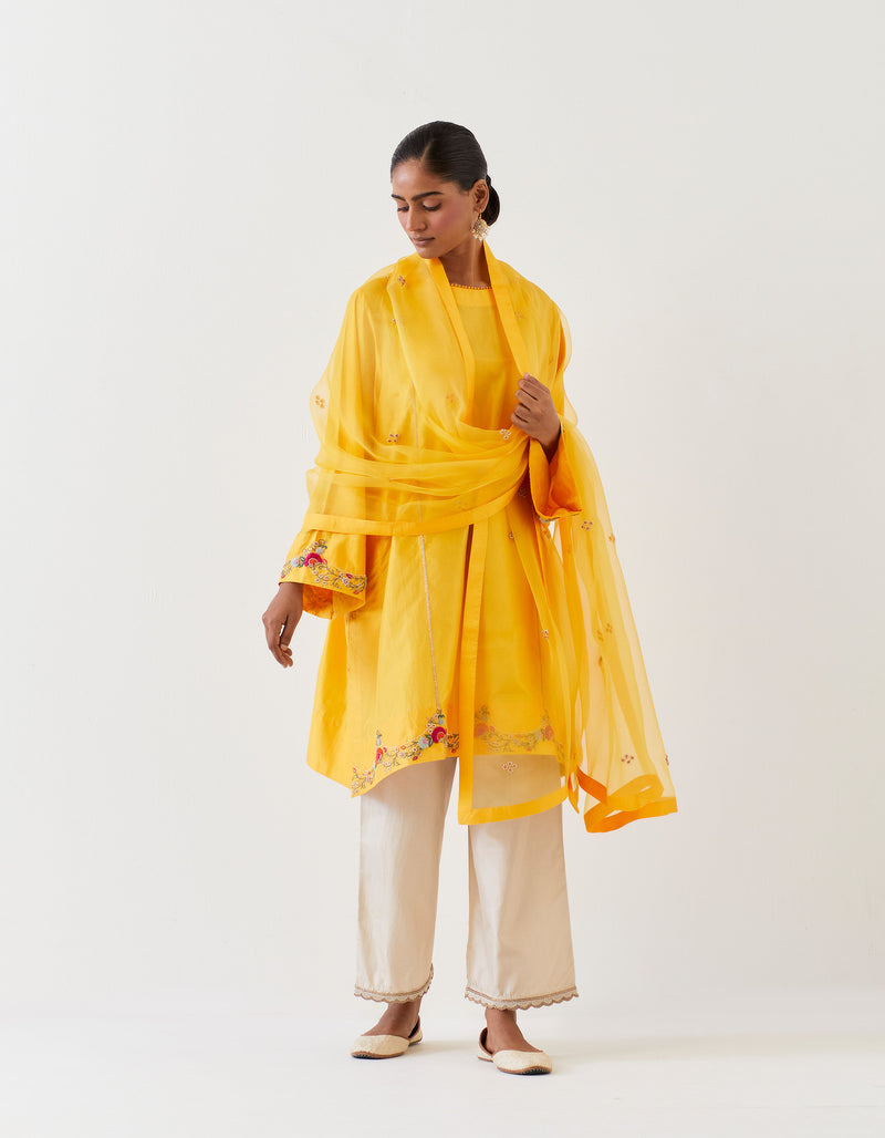 EMBROIDERED TUNIC TROUSER SET- MANGO YELLOW/CHAMPAGNE