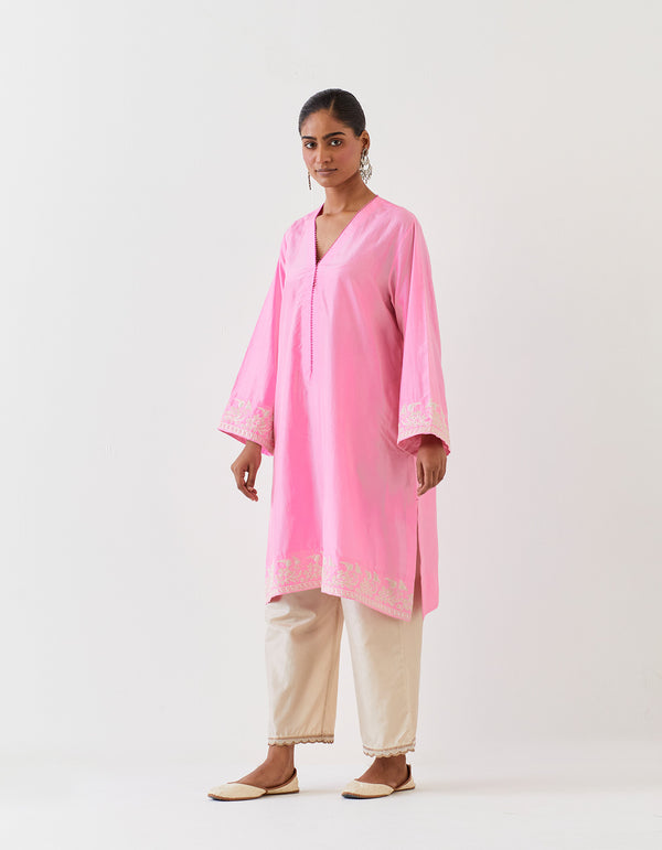 EMBROIDERED TUNIC TROUSER SET- PINK/CHAMPAGNE