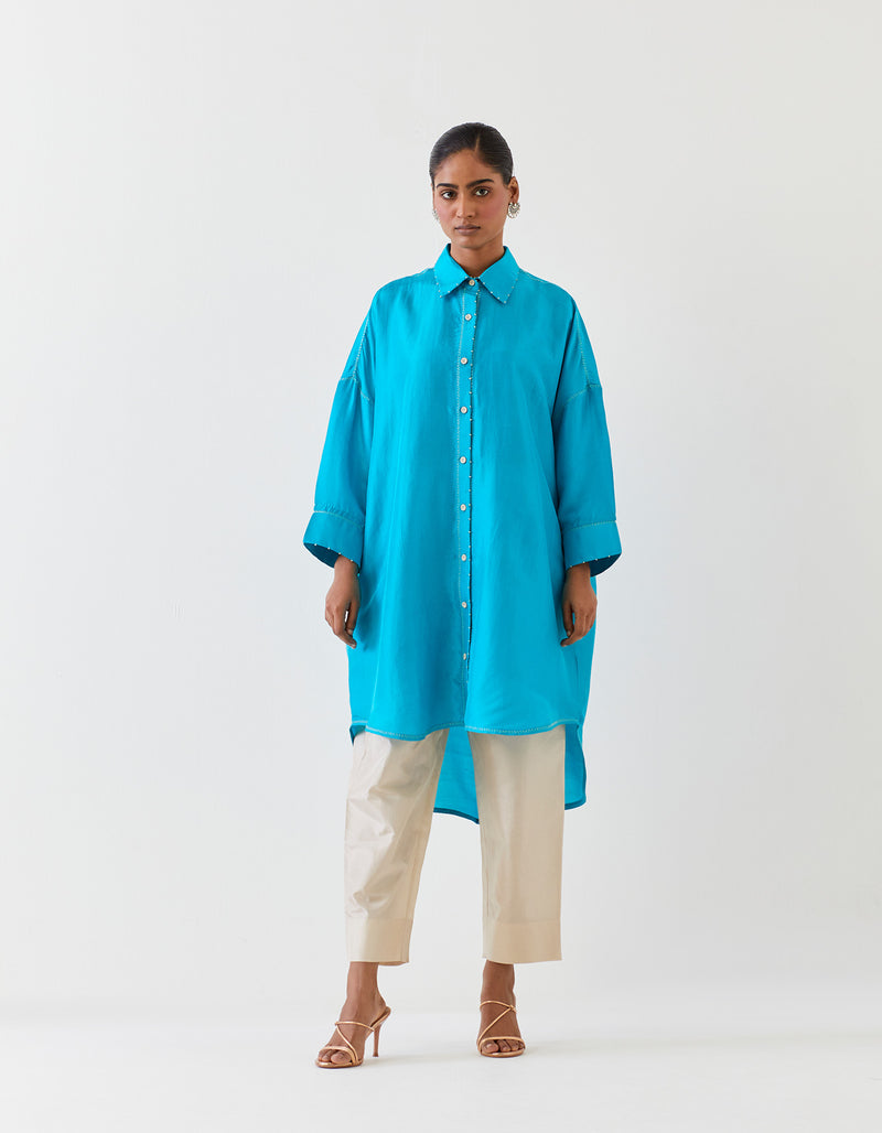 EMBROIDERED TUNIC TROUSER SET- TURQUOISE BLUE/CHAMPAGNE