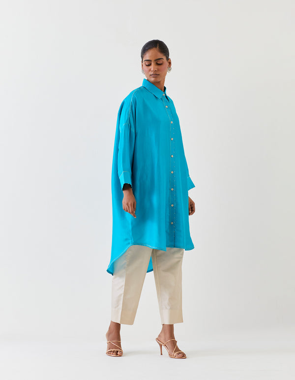 EMBROIDERED TUNIC TROUSER SET- TURQUOISE BLUE/CHAMPAGNE