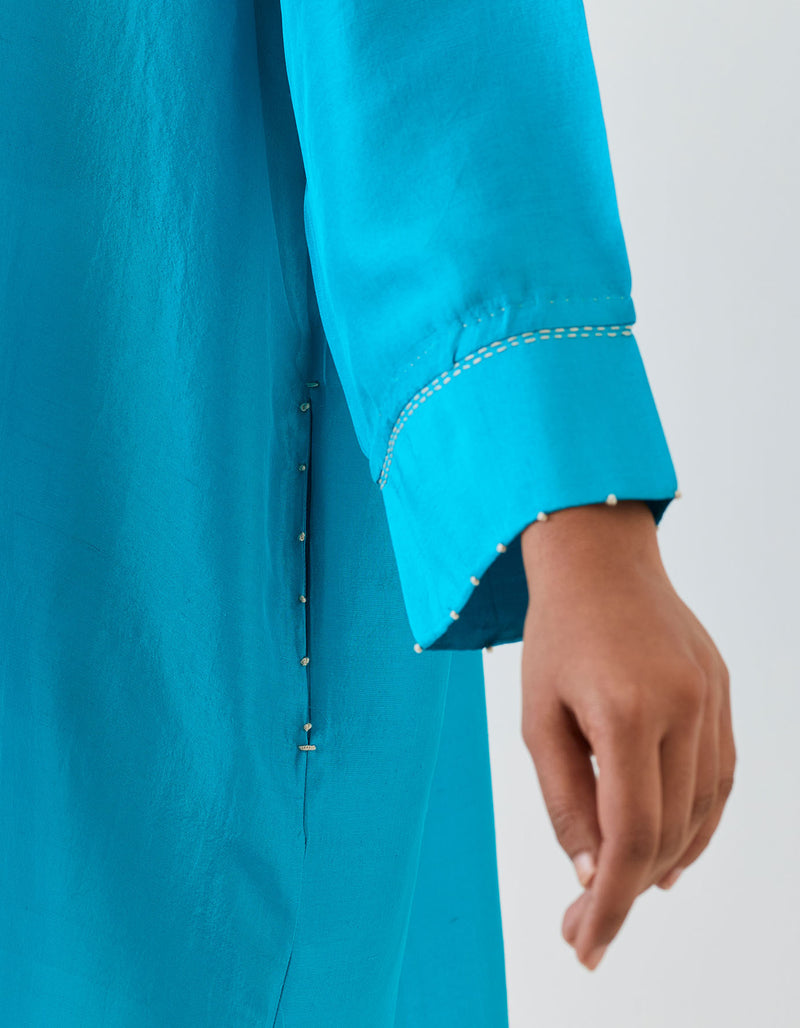 EMBROIDERED TUNIC TROUSER SET- TURQUOISE BLUE/CHAMPAGNE