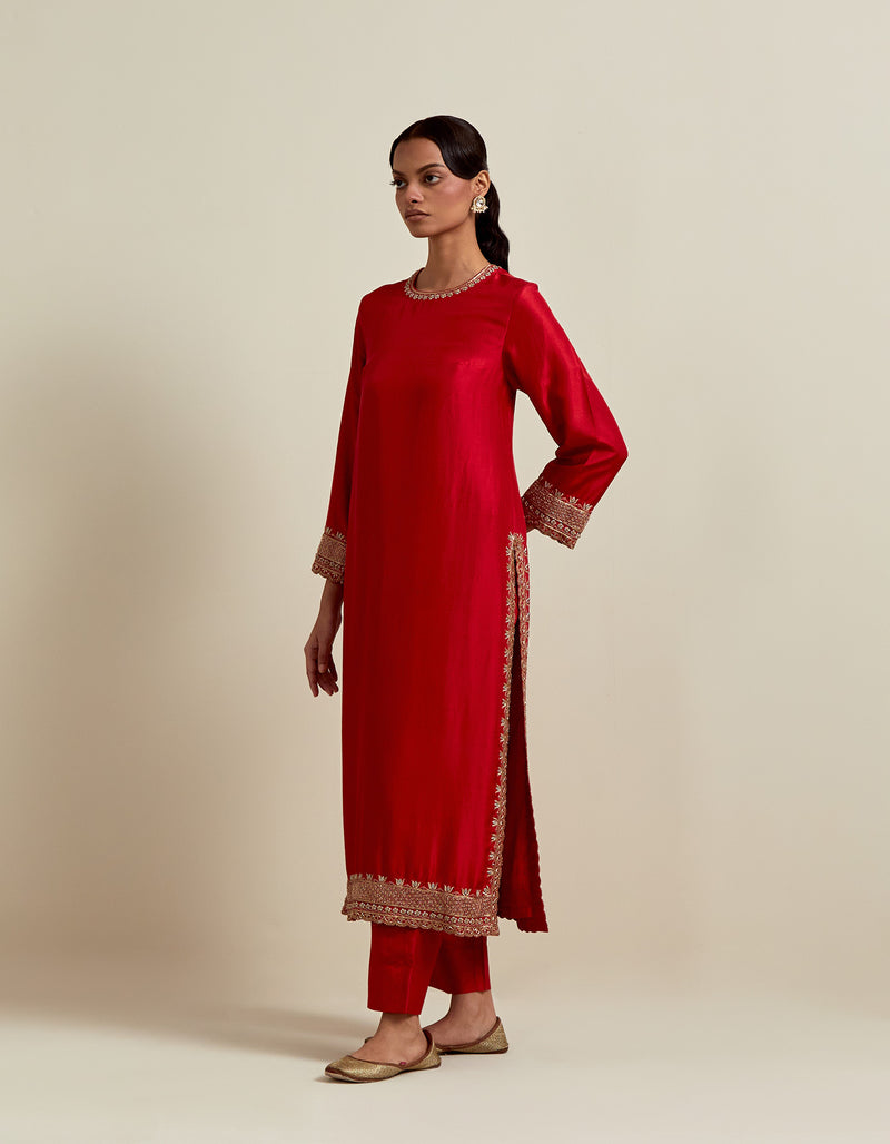 EMBROIDERED TUNIC TROUSER SET- VERMILION