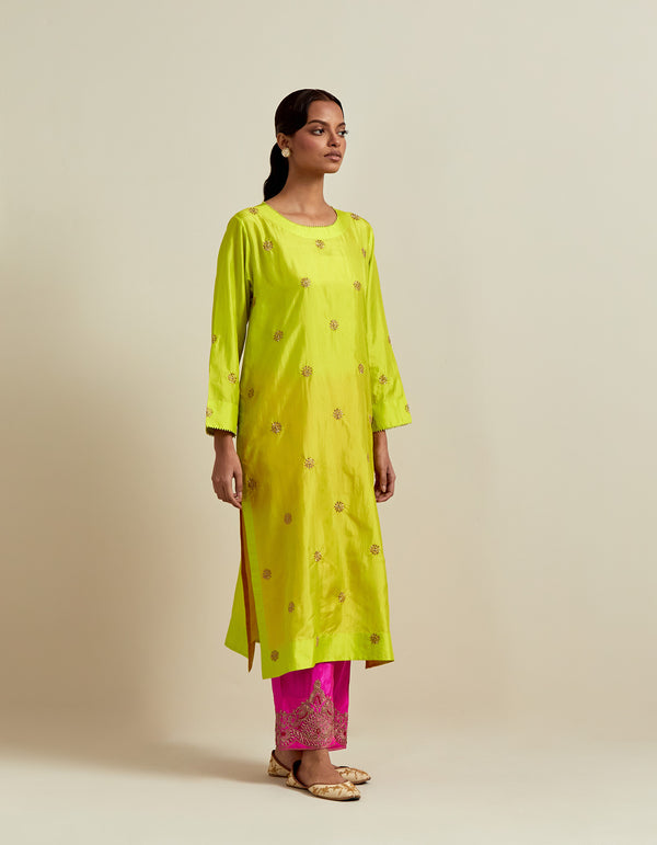 EMBROIDERED TUNIC TROUSER SET- LIME/HOT PINK