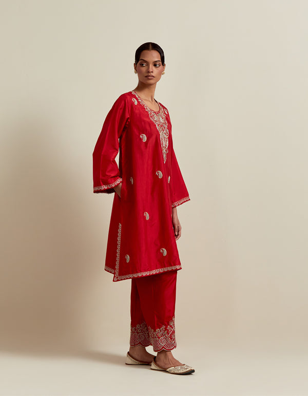 EMBROIDERED TUNIC TROUSER SET- VERMILION