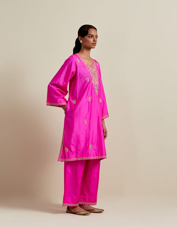 EMBROIDERED TUNIC TROUSER SET- HOT PINK