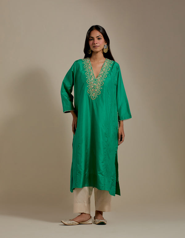 EMBROIDERED TUNIC TROUSER SET- GREEN/CHAMPAGNE