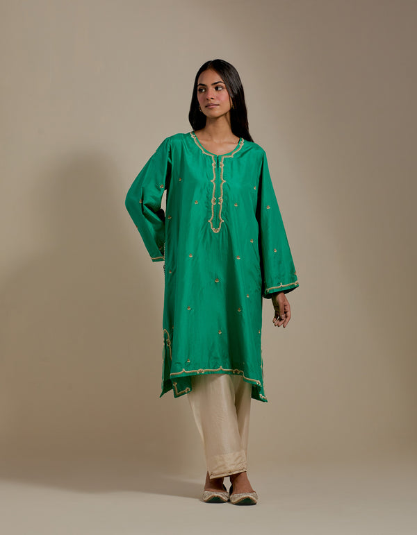 EMBROIDERED TUNIC TROUSER SET- GREEN/CHAMPAGNE