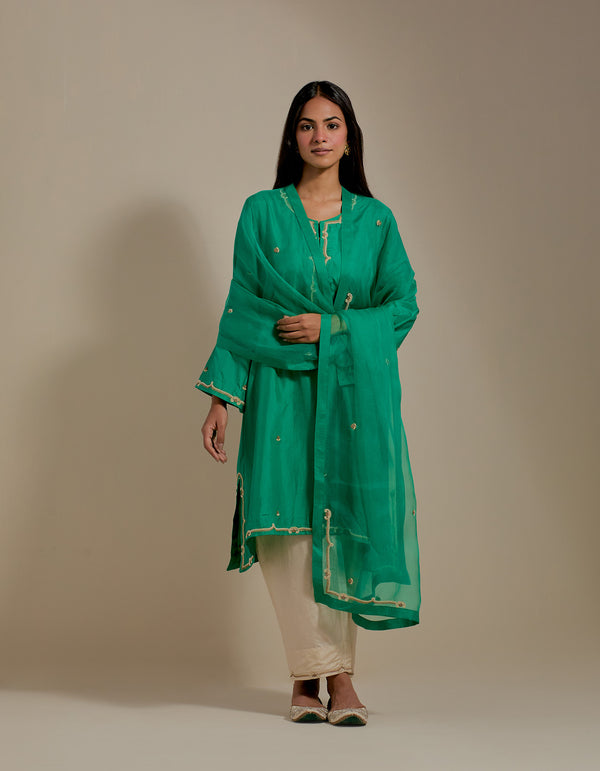 EMBROIDERED TUNIC TROUSER SET- GREEN/CHAMPAGNE