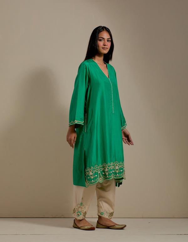 EMBROIDERED TUNIC TROUSER SET- GREEN/CHAMPAGNE