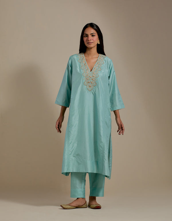 EMBROIDERED TUNIC TROUSER SET- AQUA