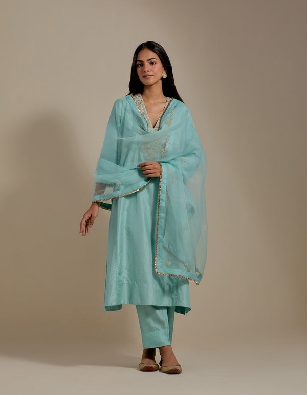 EMBROIDERED TUNIC TROUSER SET- AQUA