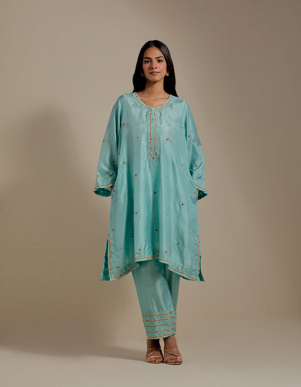 EMBROIDERED TUNIC TROUSER SET- AQUA