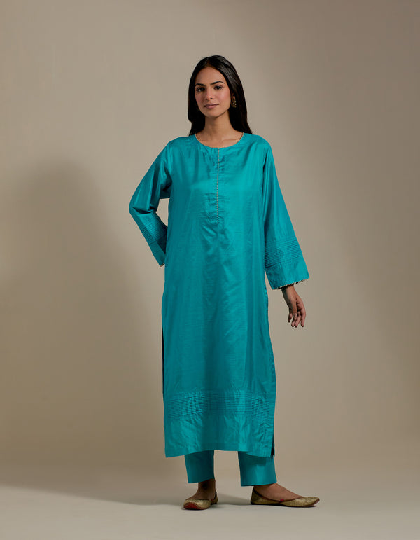 EMBROIDERED TUNIC TROUSER SET- TURQUOISE BLUE