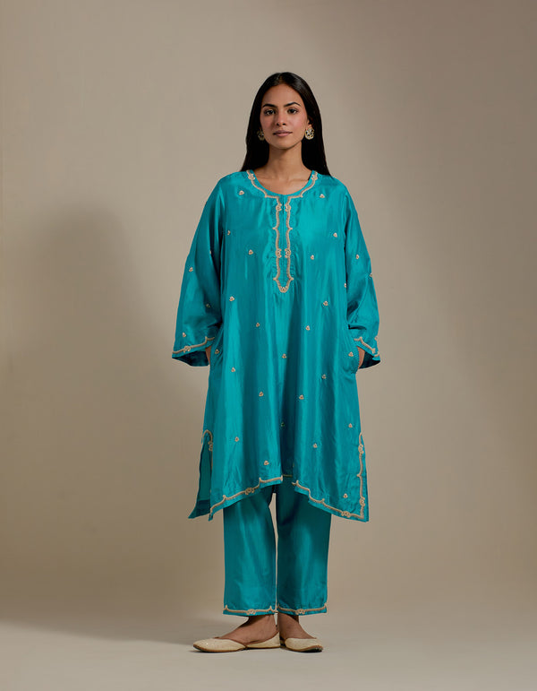 EMBROIDERED TUNIC TROUSER SET- TURQUOISE BLUE