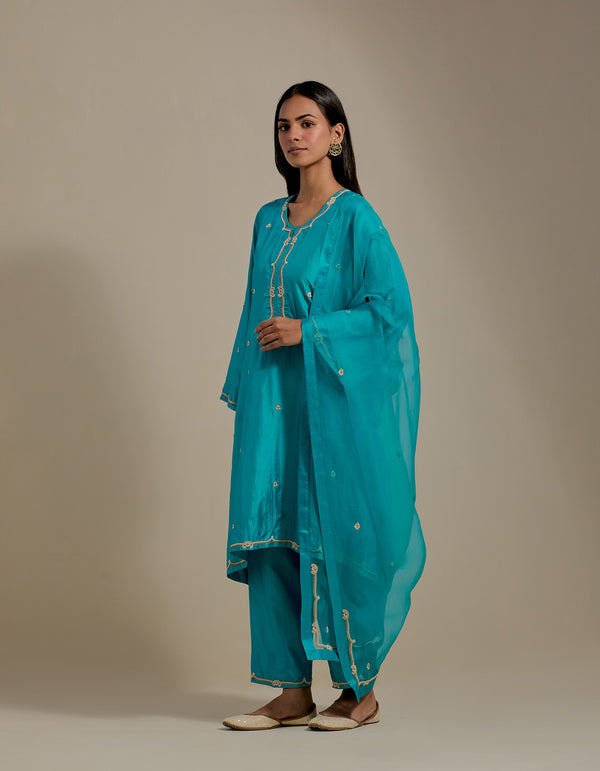 EMBROIDERED TUNIC TROUSER SET- TURQUOISE BLUE