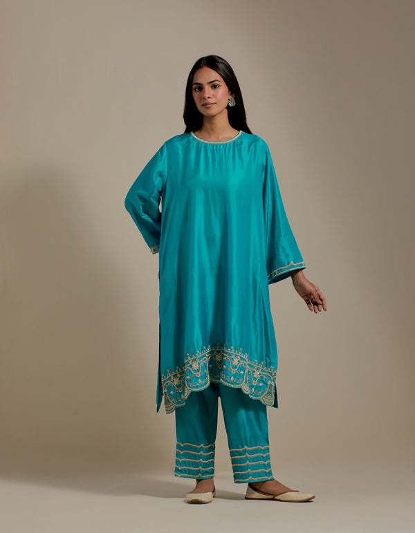 EMBROIDERED TUNIC TROUSER SET- TURQUOISE BLUE