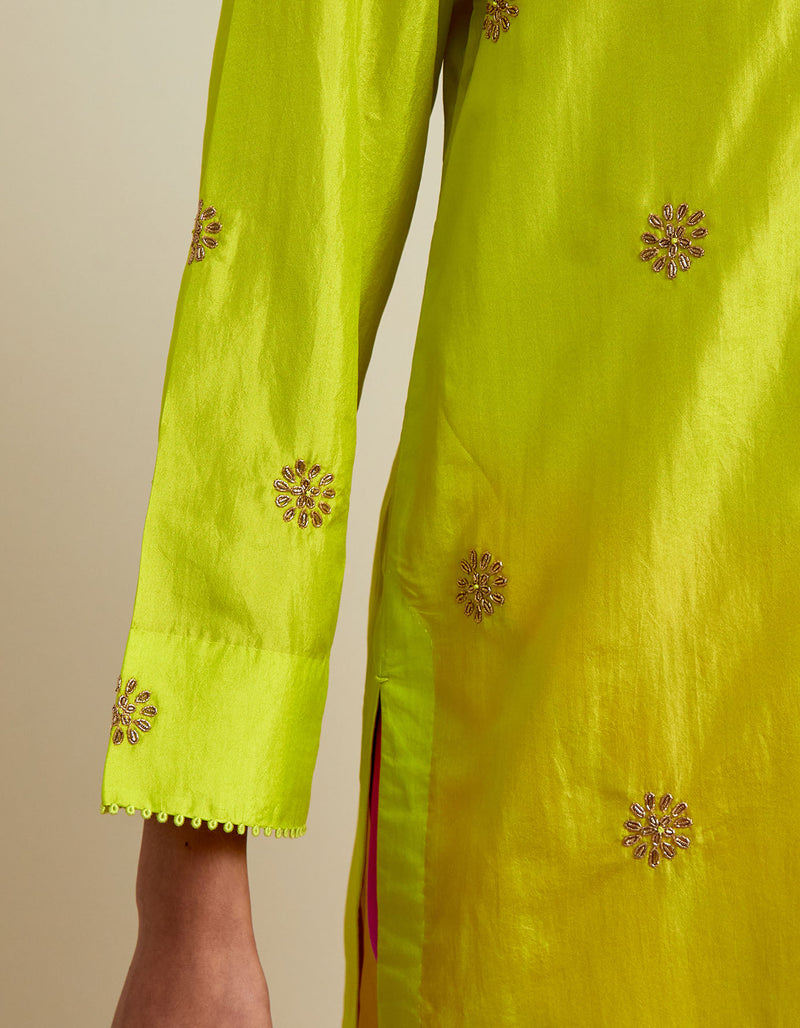 EMBROIDERED TUNIC TROUSER SET- LIME/HOT PINK