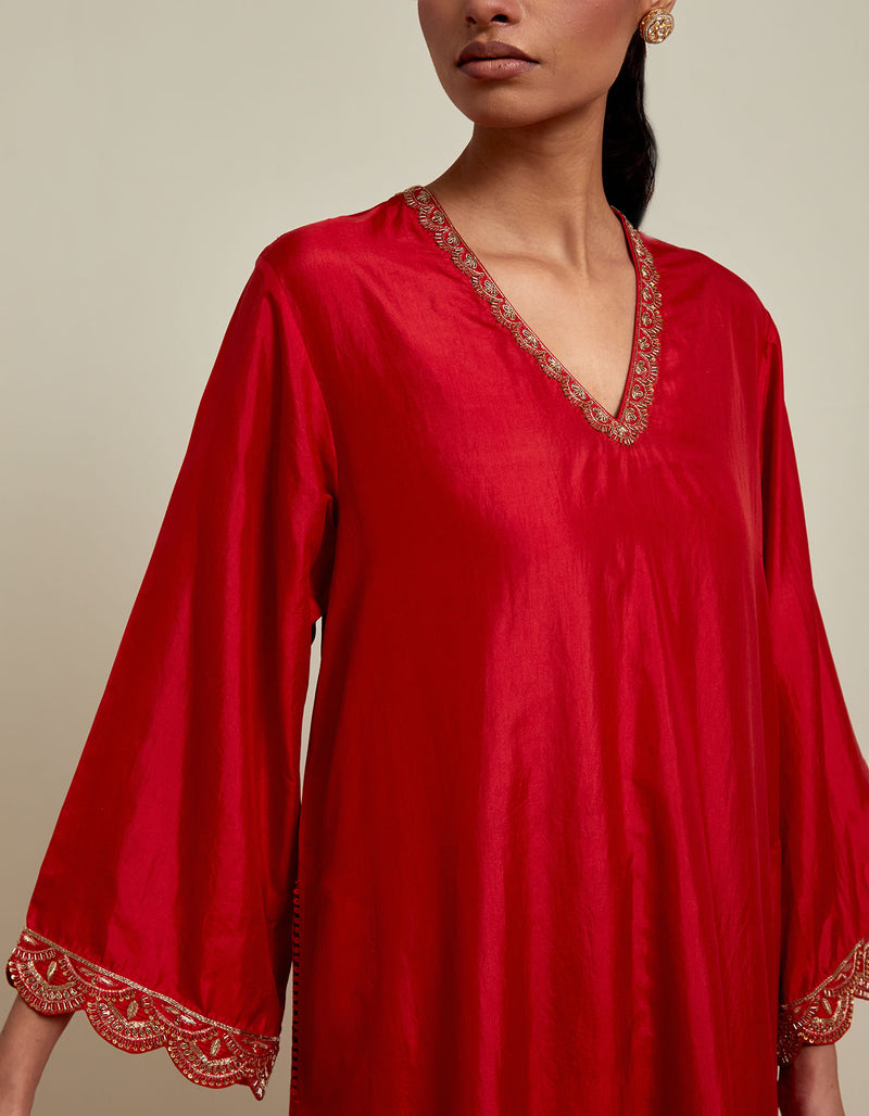 EMBROIDERED TUNIC TROUSER SET- VERMILION