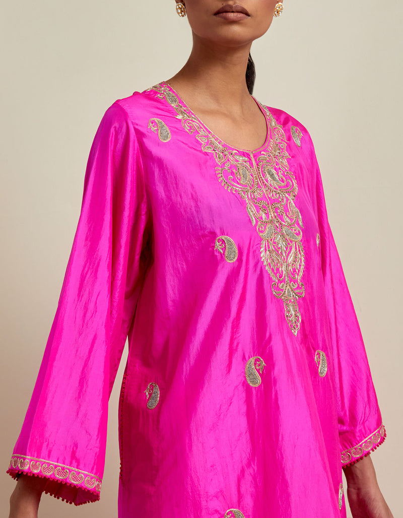 EMBROIDERED TUNIC TROUSER SET- HOT PINK